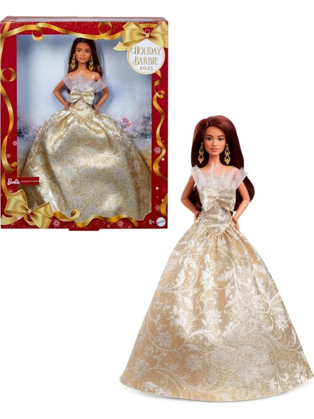 2025 Holiday Fashion Doll with Dark Brown Hair, Silver & Gold Gown, Collectible